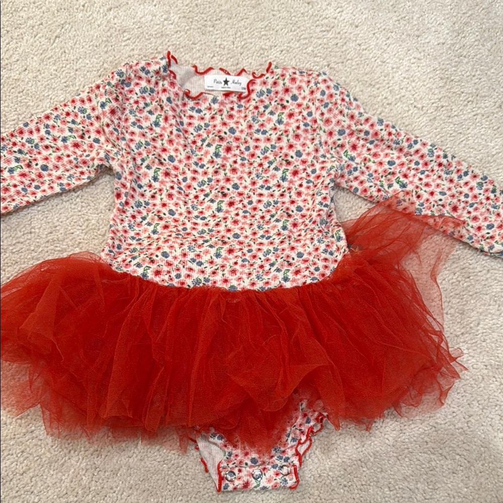Floral Long Sleeve Baby Dress with Red Tulle Skirt